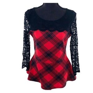Lace and red plaid top. Peplum Fit.